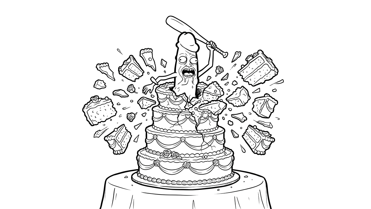 Character bursting out of cake